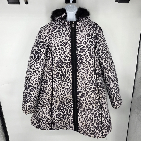 INTL DETAILS Jackets & Blazers - INTL DETAILS Leopard Puffer Coat Womens 1X Black Faux Fur Hood Winter Jacket